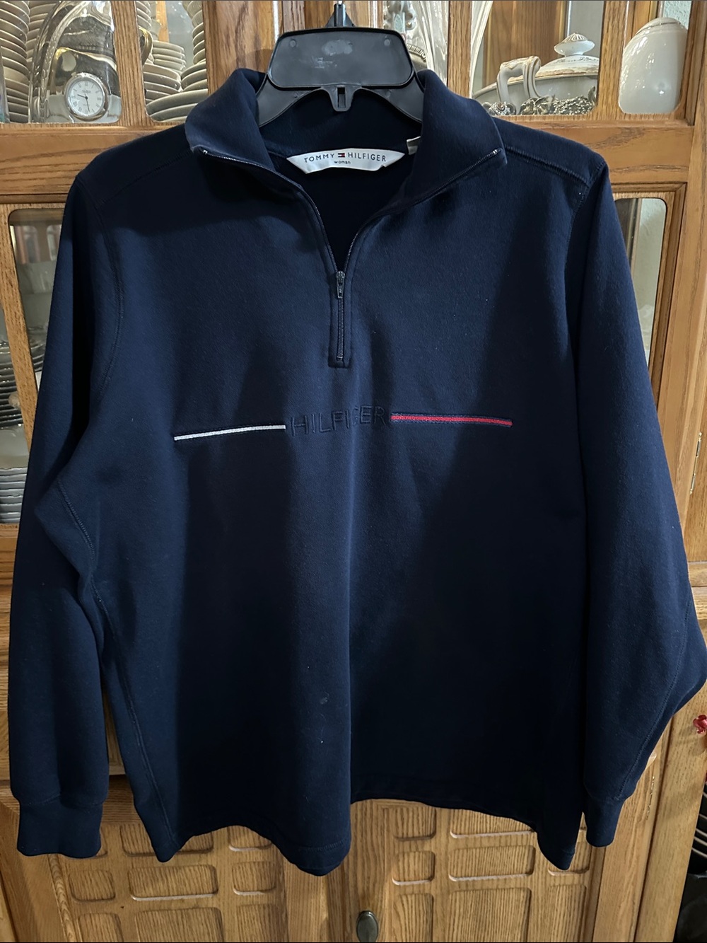 Tommy Hilfiger Navy Half-Zip Pullover with Red & White Stripe Accents